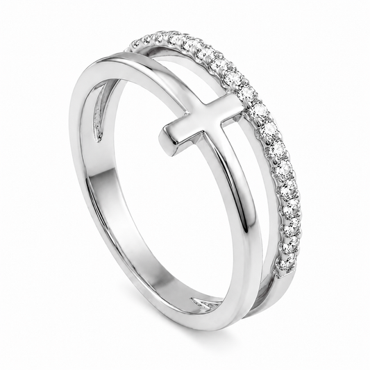 Women's Studded Cross Ring – in Silver