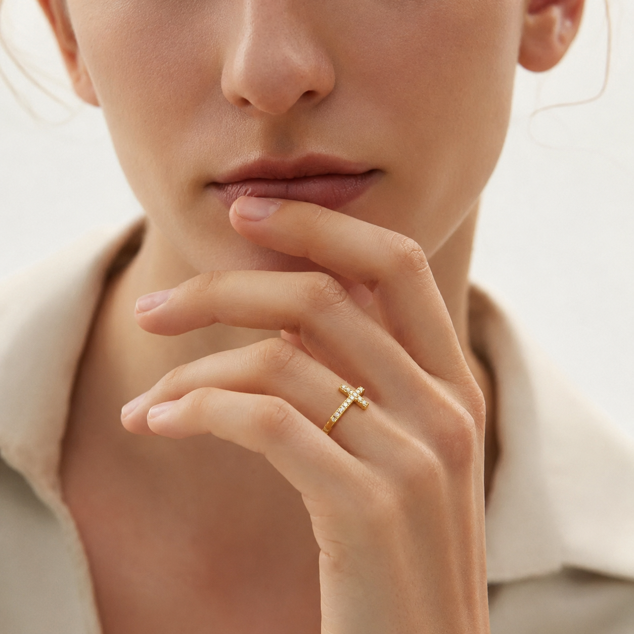 Studded Cross Ring  in Gold Feminine