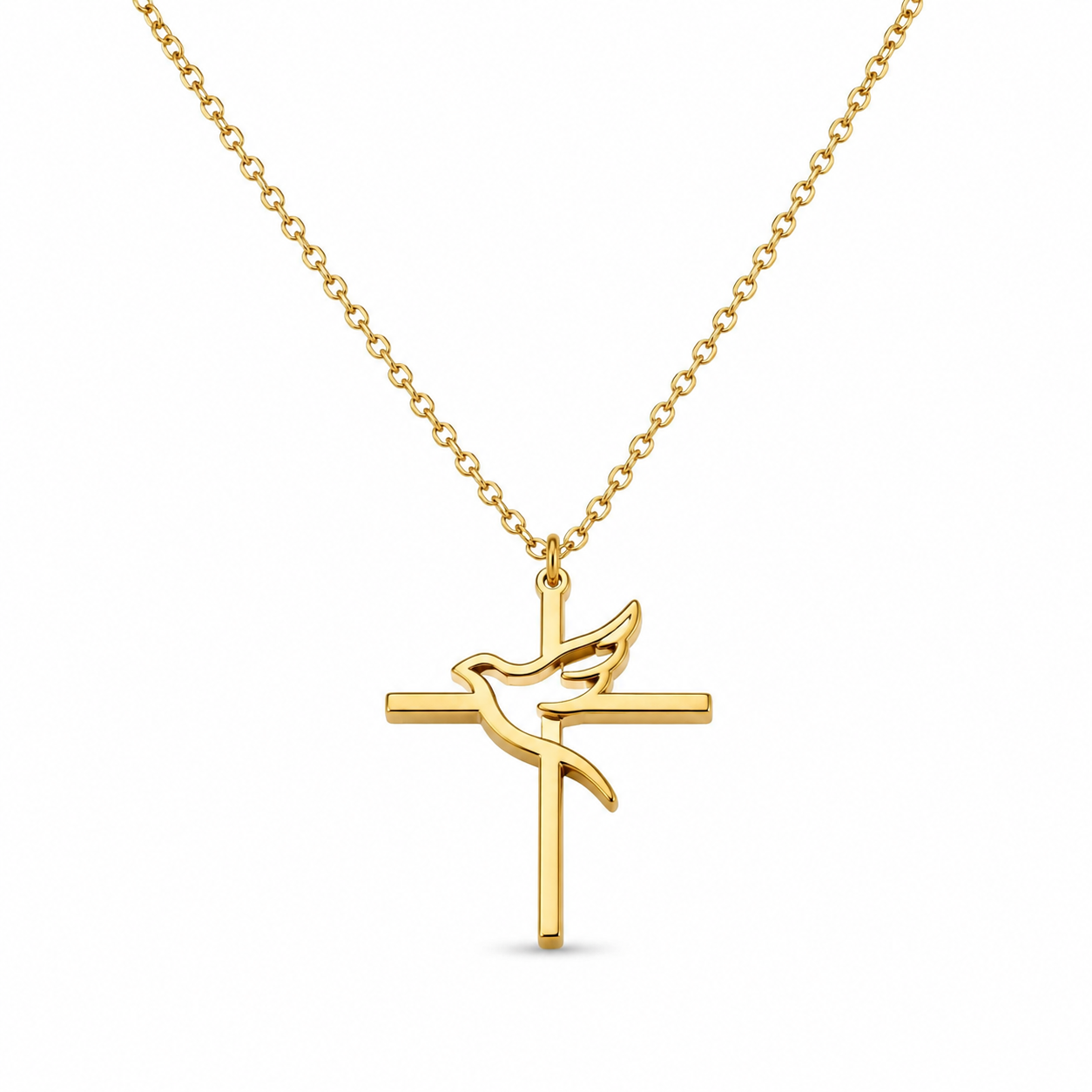 Cross & Peace Dove Necklace – Gold