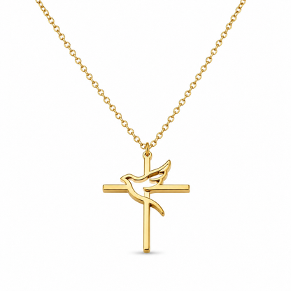 Cross & Peace Dove Necklace – Gold