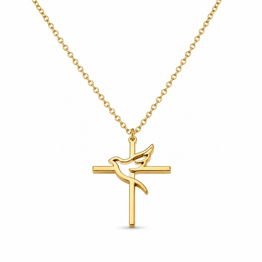 Cross & Peace Dove Necklace – Gold