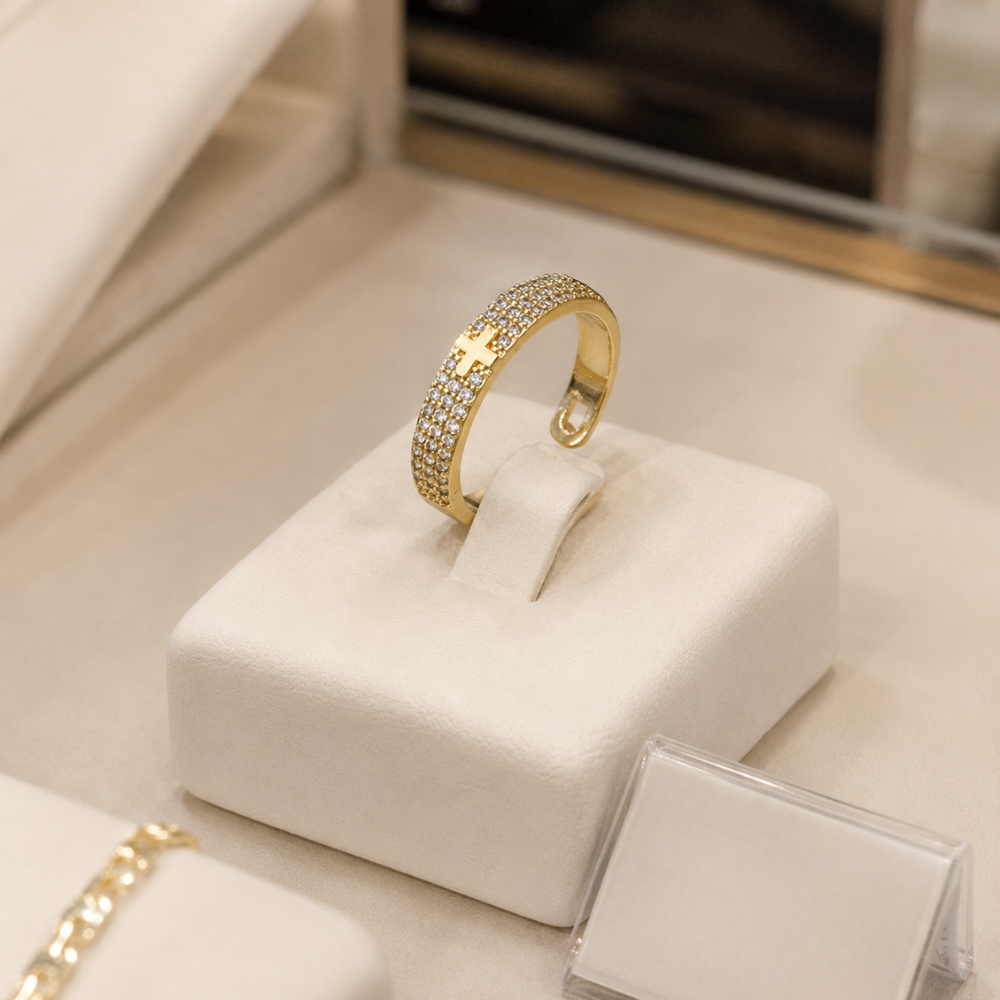 Cross Ring Ajustable – Studded in Gold