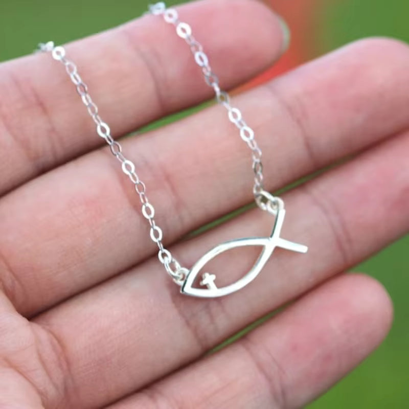 Minimalist Ichthys Fish Necklace – in Silver Christian Pendant