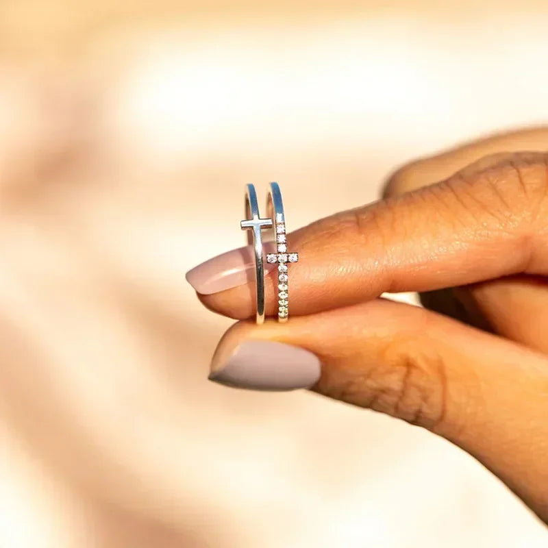 Women's Studded Cross Ring – in Silver