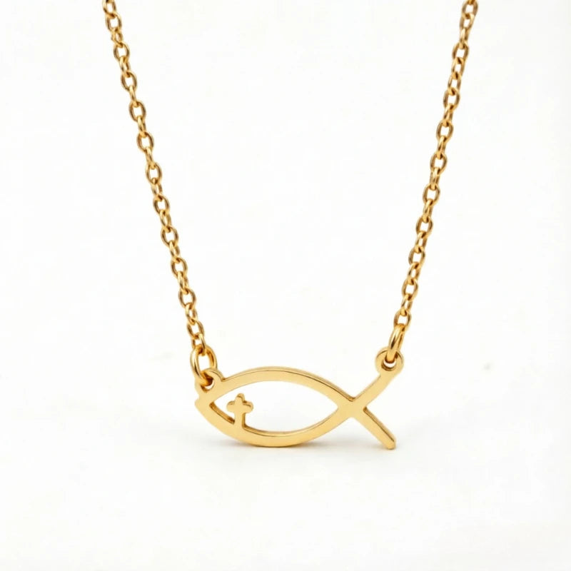 Minimalist Ichthys Fish Necklace – in Gold Christian Pendant