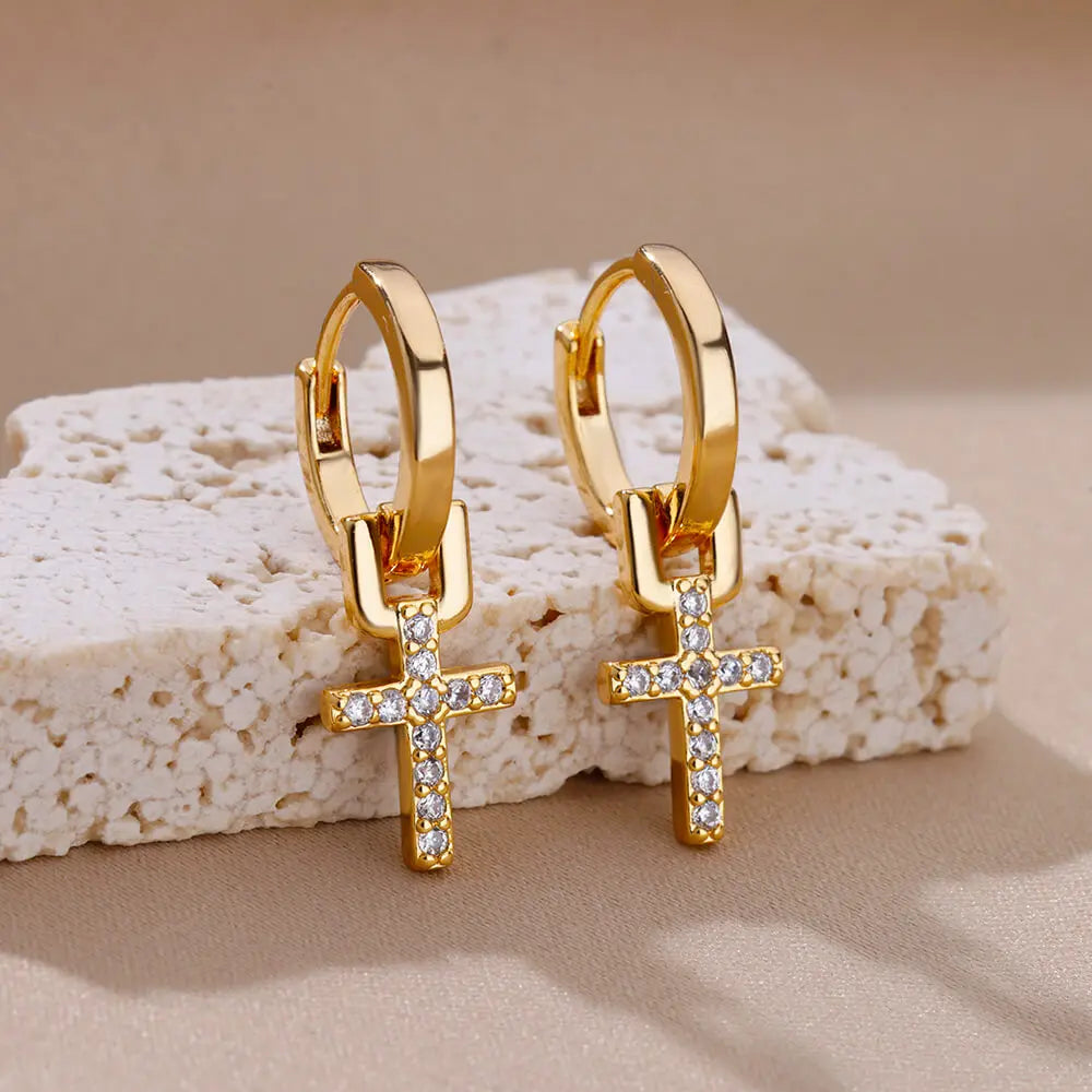 Cross Dangle Earrings – in Gold for Women