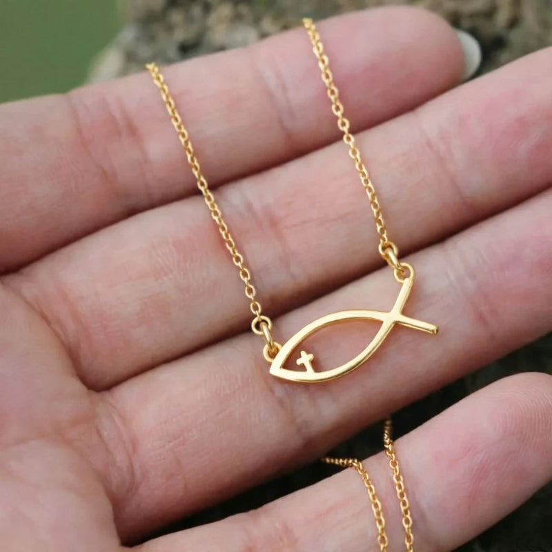 Minimalist Ichthys Fish Necklace – in Gold Christian Pendant